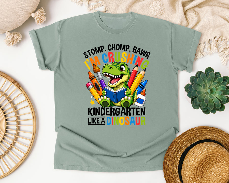 Crushing Kindergarten Like A Dinosaur in Bay Comfort Colors 1717 tee