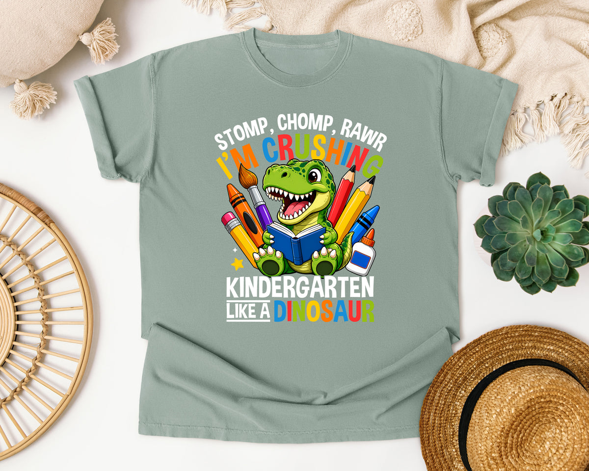 Crushing Kindergarten Like A Dinosaur Bright in Bay Comfort Colors 1717 tee
