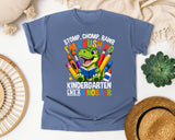 Crushing Kindergarten Like A Dinosaur Bright in Blue Jean Comfort Colors 1717 tee