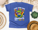 Crushing Kindergarten Like A Dinosaur Bright in Flo Blue Comfort Colors 1717 tee