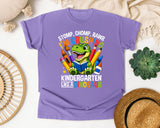 Crushing Kindergarten Like A Dinosaur Bright in Violet Comfort Colors 1717 tee