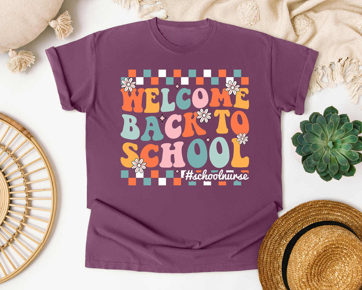 Welcome Back To School Nurse Bright in Berry Comfort Colors 1717 tee
