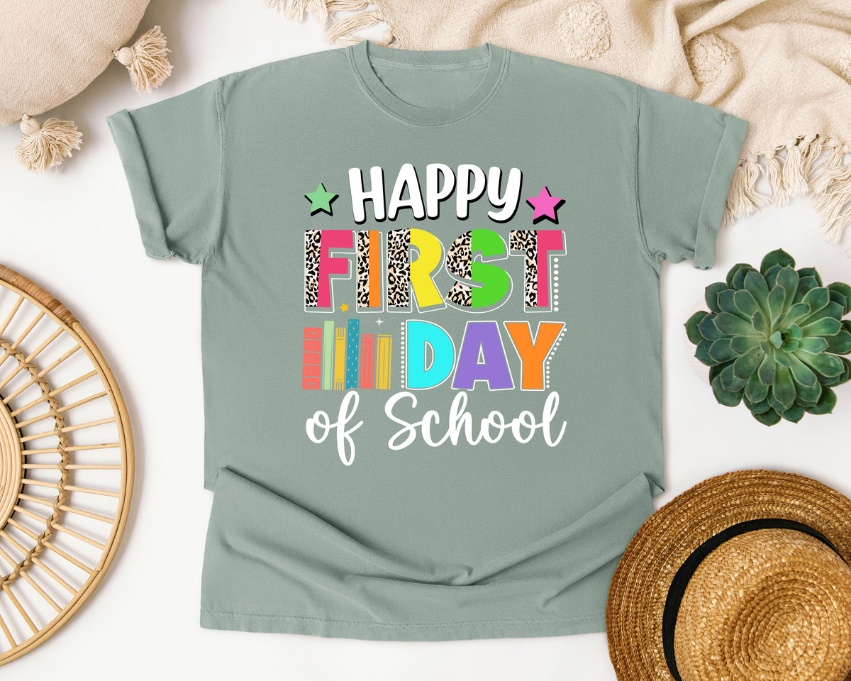 Happy First Day Of School Leopard in Bay Comfort Colors 1717 tee