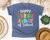 Happy First Day Of School Leopard in Blue Jean Comfort Colors 1717 tee