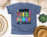 Happy First Day Of School Leopard Bright in Blue Jean Comfort Colors 1717 tee