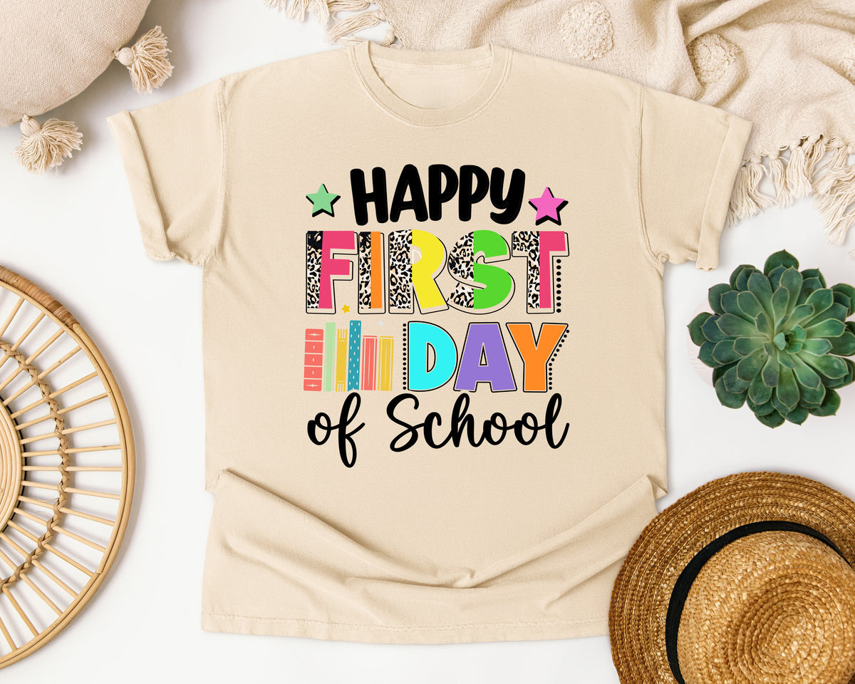 Happy First Day Of School Leopard Bright in Ivory Comfort Colors 1717 tee