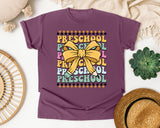 Preschool Stacked Bow Checkered in Berry Comfort Colors 1717 tee