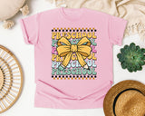 Preschool Stacked Bow Checkered in Blossom Comfort Colors 1717 tee