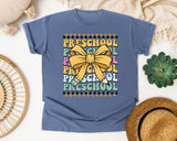 Preschool Stacked Bow Checkered in Blue Jean Comfort Colors 1717 tee