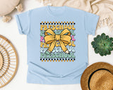 Preschool Stacked Bow Checkered in Chambray Comfort Colors 1717 tee