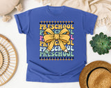 Preschool Stacked Bow Checkered in Flo Blue Comfort Colors 1717 tee