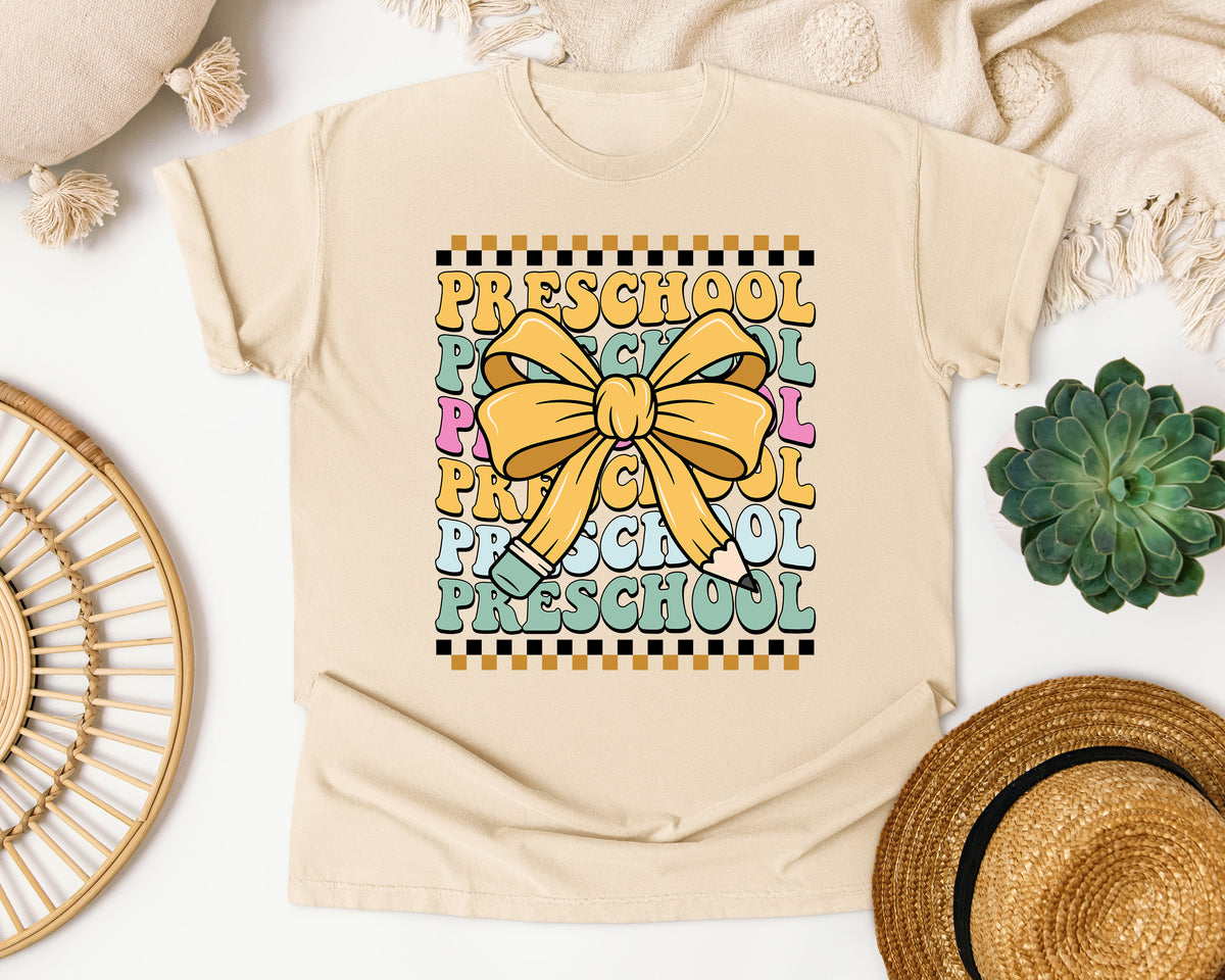 Preschool Stacked Bow Checkered in Ivory Comfort Colors 1717 tee