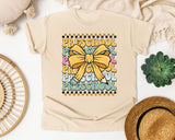 Preschool Stacked Bow Checkered in Ivory Comfort Colors 1717 tee