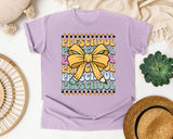Preschool Stacked Bow Checkered in Orchid Comfort Colors 1717 tee