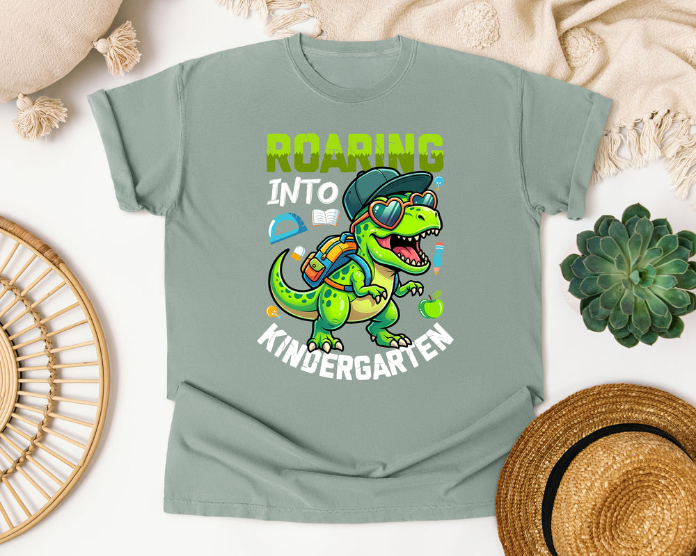 Roaring Into Kindergarten Dinosaur in Bay Comfort Colors 1717 tee