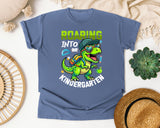 Roaring Into Kindergarten Dinosaur in Blue Jean Comfort Colors 1717 tee