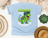 Roaring Into Kindergarten Dinosaur in Chambray Comfort Colors 1717 tee