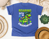 Roaring Into Kindergarten Dinosaur in Flo Blue Comfort Colors 1717 tee