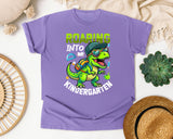 Roaring Into Kindergarten Dinosaur in Violet Comfort Colors 1717 tee