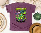 Roaring Into Kindergarten Dinosaur Bright in Berry Comfort Colors 1717 tee