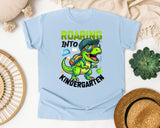Roaring Into Kindergarten Dinosaur Bright in Chambray Comfort Colors 1717 tee
