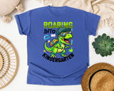 Roaring Into Kindergarten Dinosaur Bright in Flo Blue Comfort Colors 1717 tee
