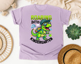 Roaring Into Kindergarten Dinosaur Bright in Orchid Comfort Colors 1717 tee