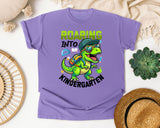 Roaring Into Kindergarten Dinosaur Bright in Violet Comfort Colors 1717 tee