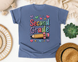 Second Grade Pencil Hearts in Blue Jean Comfort Colors 1717 tee