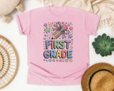 First Grade Pencil Bow Stars in Blossom Comfort Colors 1717 tee