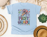 First Grade Pencil Bow Stars in Chambray Comfort Colors 1717 tee