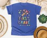 First Grade Pencil Bow Stars in Flo Blue Comfort Colors 1717 tee