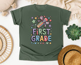 First Grade Pencil Bow Stars in Moss Comfort Colors 1717 tee