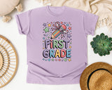 First Grade Pencil Bow Stars in Orchid Comfort Colors 1717 tee