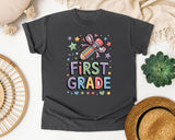 First Grade Pencil Bow Stars in Pepper Comfort Colors 1717 tee