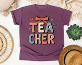 Teacher Stacked Bow in Berry Comfort Colors 1717 tee