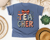 Teacher Stacked Bow in Blue Jean Comfort Colors 1717 tee