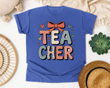 Teacher Stacked Bow in Flo Blue Comfort Colors 1717 tee