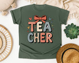 Teacher Stacked Bow in Moss Comfort Colors 1717 tee