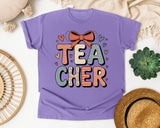 Teacher Stacked Bow in Violet Comfort Colors 1717 tee