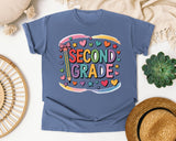 Second Grade Pencil Rainbow in Blue Jean Comfort Colors 1717 tee