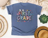 First Grade Bow Hearts in Blue Jean Comfort Colors 1717 tee