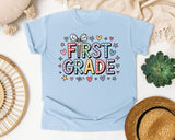 First Grade Bow Hearts in Chambray Comfort Colors 1717 tee