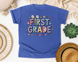 First Grade Bow Hearts in Flo Blue Comfort Colors 1717 tee