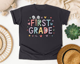 First Grade Bow Hearts in Graphite Comfort Colors 1717 tee