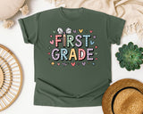 First Grade Bow Hearts in Moss Comfort Colors 1717 tee
