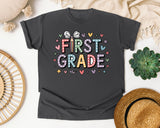 First Grade Bow Hearts in Pepper Comfort Colors 1717 tee