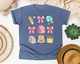 Back To School Supplies Pink Bow in Blue Jean Comfort Colors 1717 tee