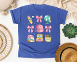 Back To School Supplies Pink Bow in Flo Blue Comfort Colors 1717 tee