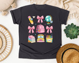 Back To School Supplies Pink Bow in Graphite Comfort Colors 1717 tee